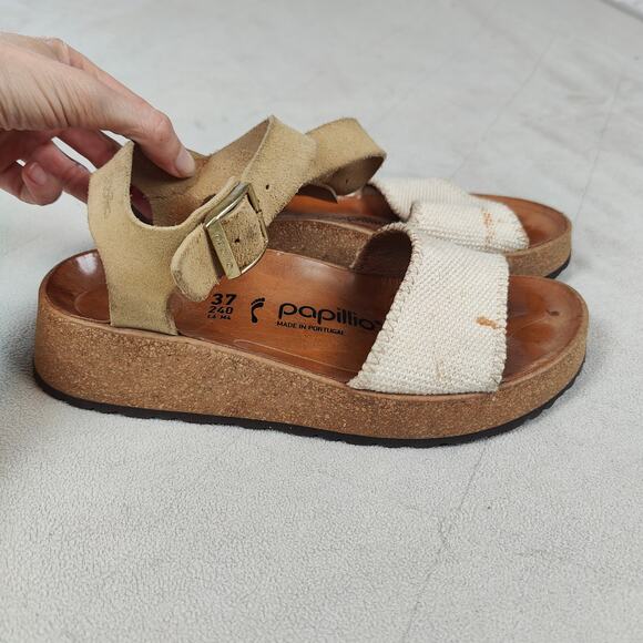 Birkenstock Papillio Glenda Wedge Sandals Womens 37 US‎ 6 White Buckle Canvas - Picture 1 of 9
